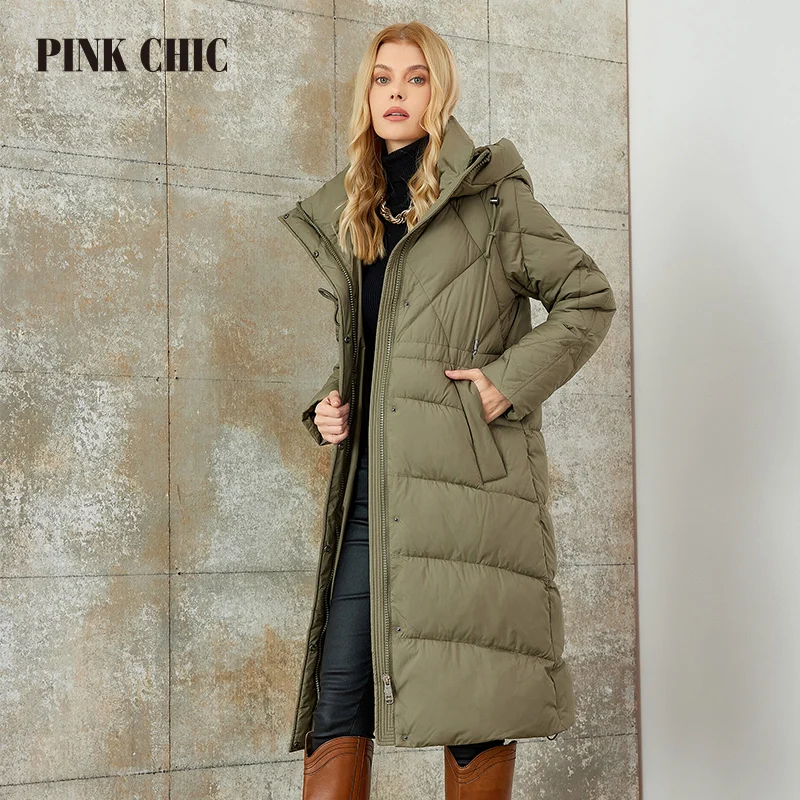 PINK CHIC 2023 New Winter Women Down Jackets Fashion Classic Warm cross-hatching Hooded long version Parka Female Coat W6570