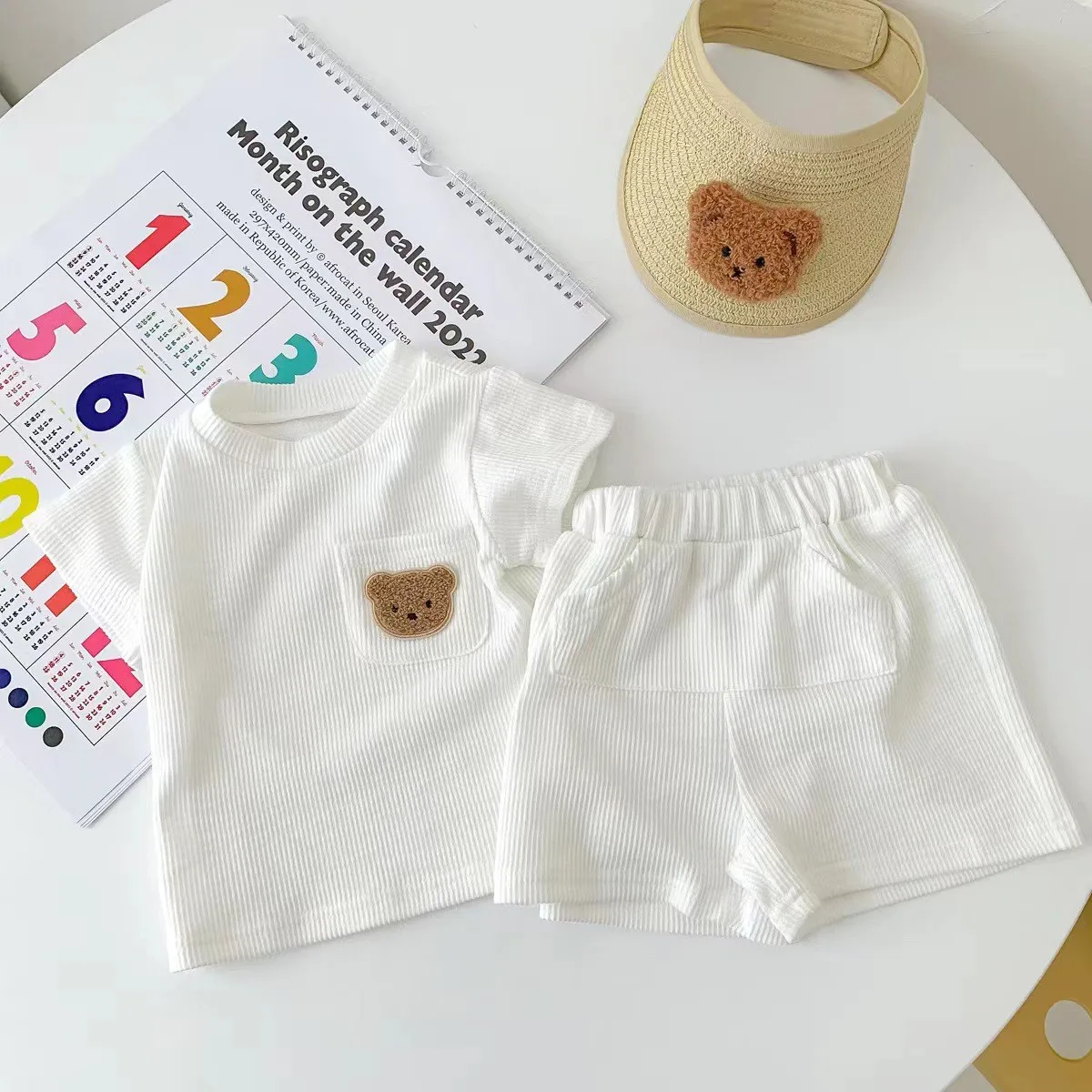 Setelan kostum bayi 6m-4y, baju kostum anak perempuan gaya Korea modis lengan pendek + celana musim panas untuk anak perempuan