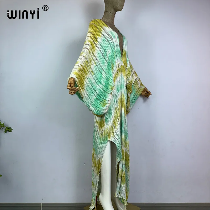 Imagem -02 - Winyi Novo Tie-dye Impressão Verão Deep V-neck Malha Oco Sexy Dress Elegante Vestido de Noite Andar-varrendo Mulheres Beachwear Kaftan