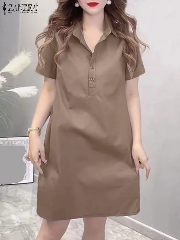 Zanzea Dames Overhemdjurk Met Korte Mouwen Pendelen Elegante Turn-Down Kraag Dagelijkse Vestidos Effen Casual Zomer 2024 Knielange Jurk