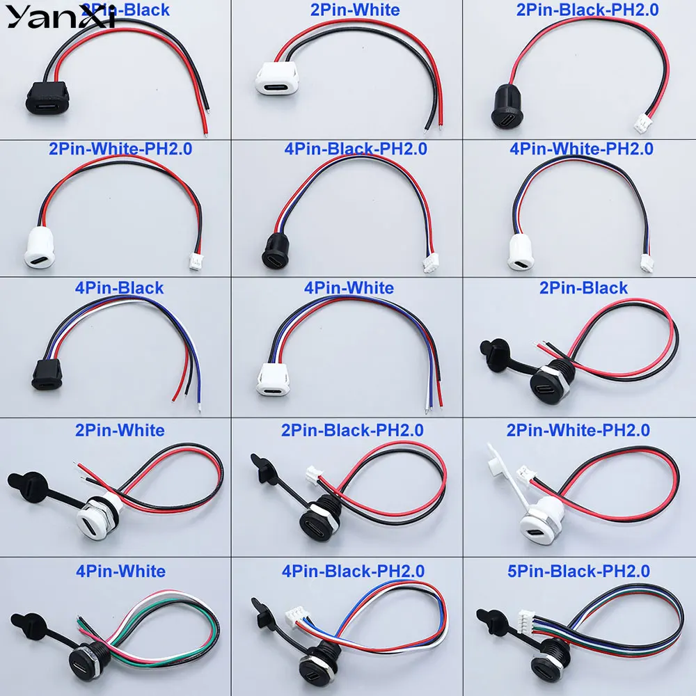 YanXi 2/4Pin Type-C Connector Female Socket Waterproof Charging Jack Port Charger Plug With PH2.0 Terminal Nut Locking 15cm Wire