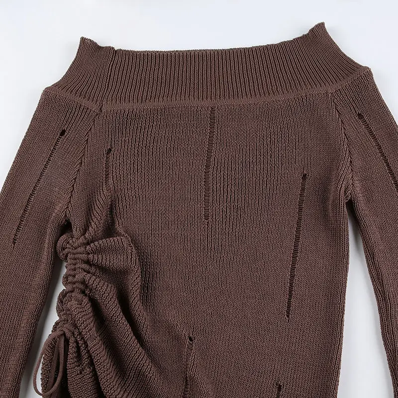 Knit Sweater One Shoulder Off Shoulder Ripped Side Drawstring See Through Slash Neck Solid Sweater For Spring Fall Women’S