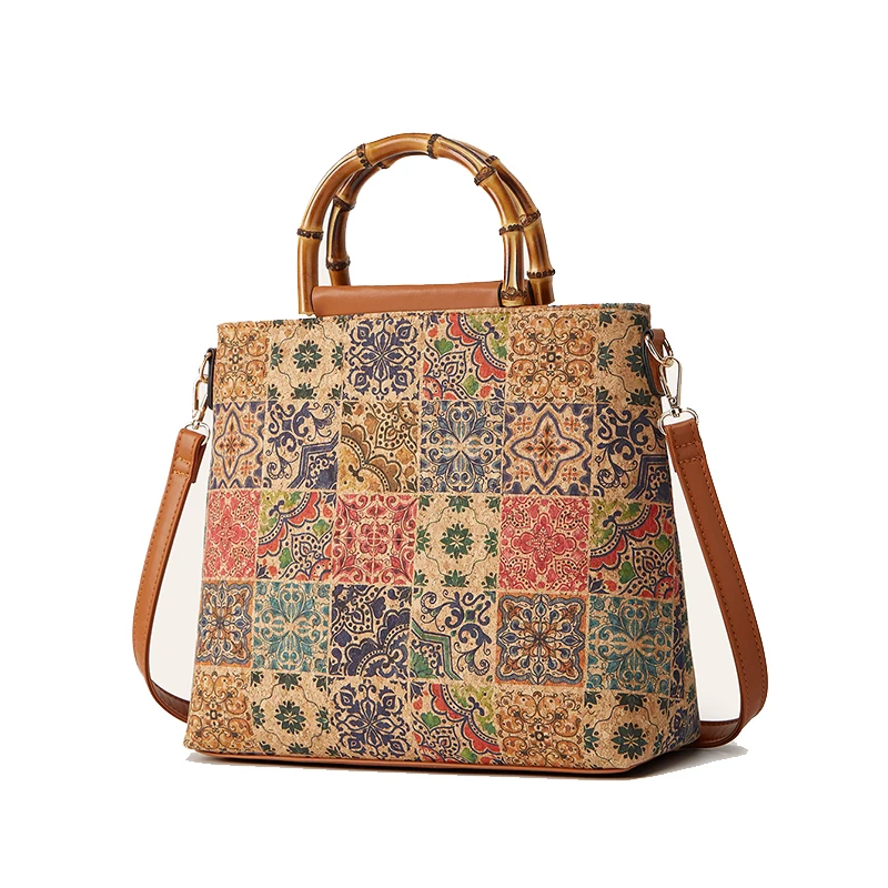 

Сумка-тоут из пробковой кожи в стиле ретро с национальным принтом, большая вместительная сумка через плечо с бамбуковой ручкой для женщин