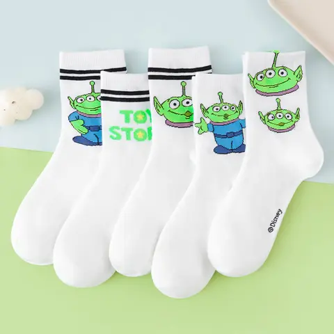 5 Pairs of Disney Toy Story Alien Male Crew Socks Cute Cartoon Printed Cotton Couple Casual Socks for Teenagers