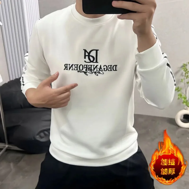 High-End WinterTT-shirt Men's Fleece-lined Light Luxury Korean Casual Embroidered Sweater Fashion and Handsome Warm Top Cold-Pro