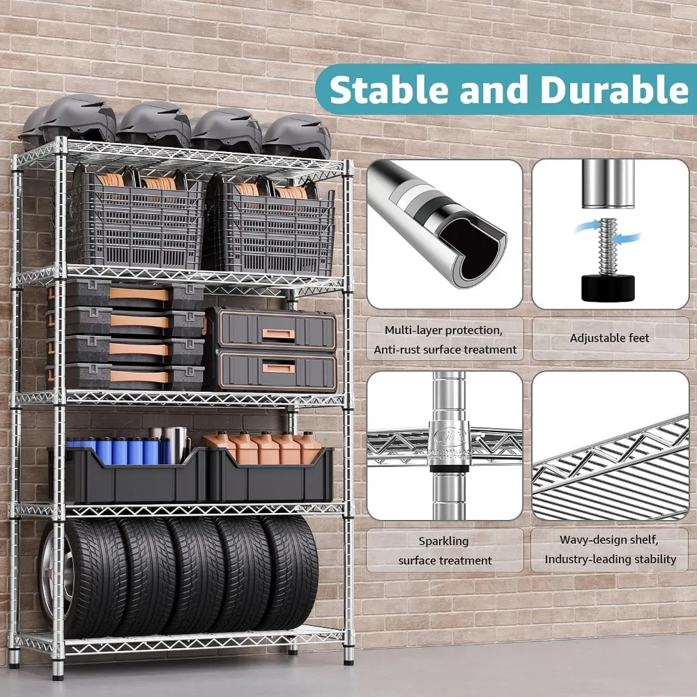 Stalen 5-laags gereedschapsrek Stalen organizer Draadrek voor thuis, garage, 1750 LBS Capaciteit 17,7" D X 47,2" B X 72,3" H