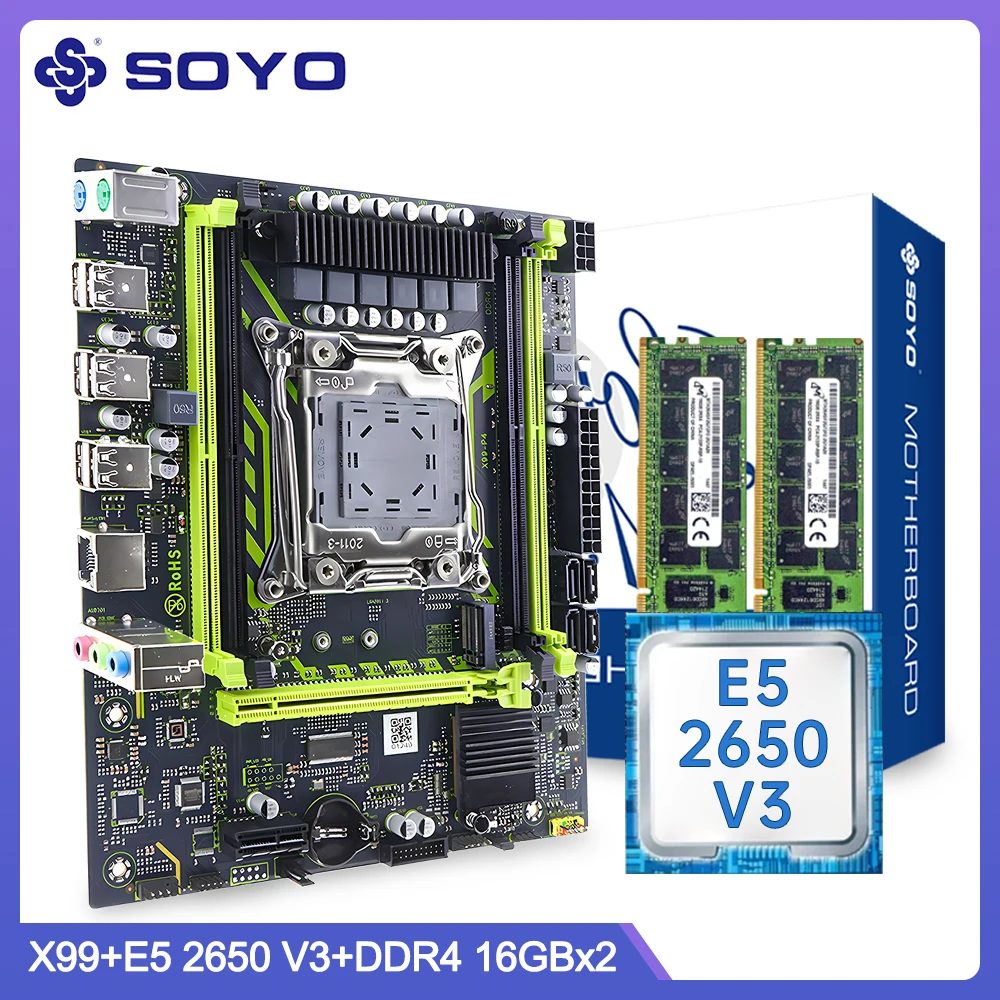

SOYO X99 V8-AX Gaming Motherboard Kit LGA2011-3 Socket With Intel Xeon E5 2650 V3 CPU DDR4 32GB (16GBx2) RAM PCIe3.0x16 NVME M.2