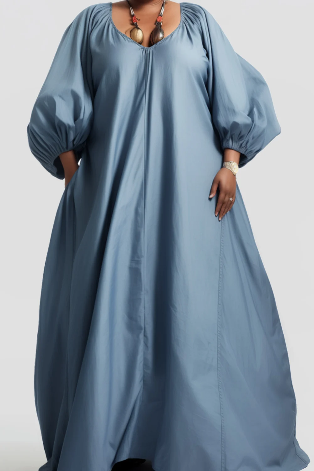 Plus Size Daily Light Blue V Neck Puff Sleeve Long Sleeve Maxi Dresses