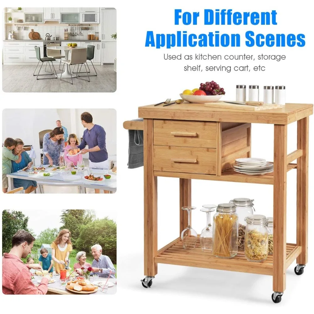 عربة مطبخ دوارة من الخيزران مع درجين، وبار المناشف، وعجلات العجلات