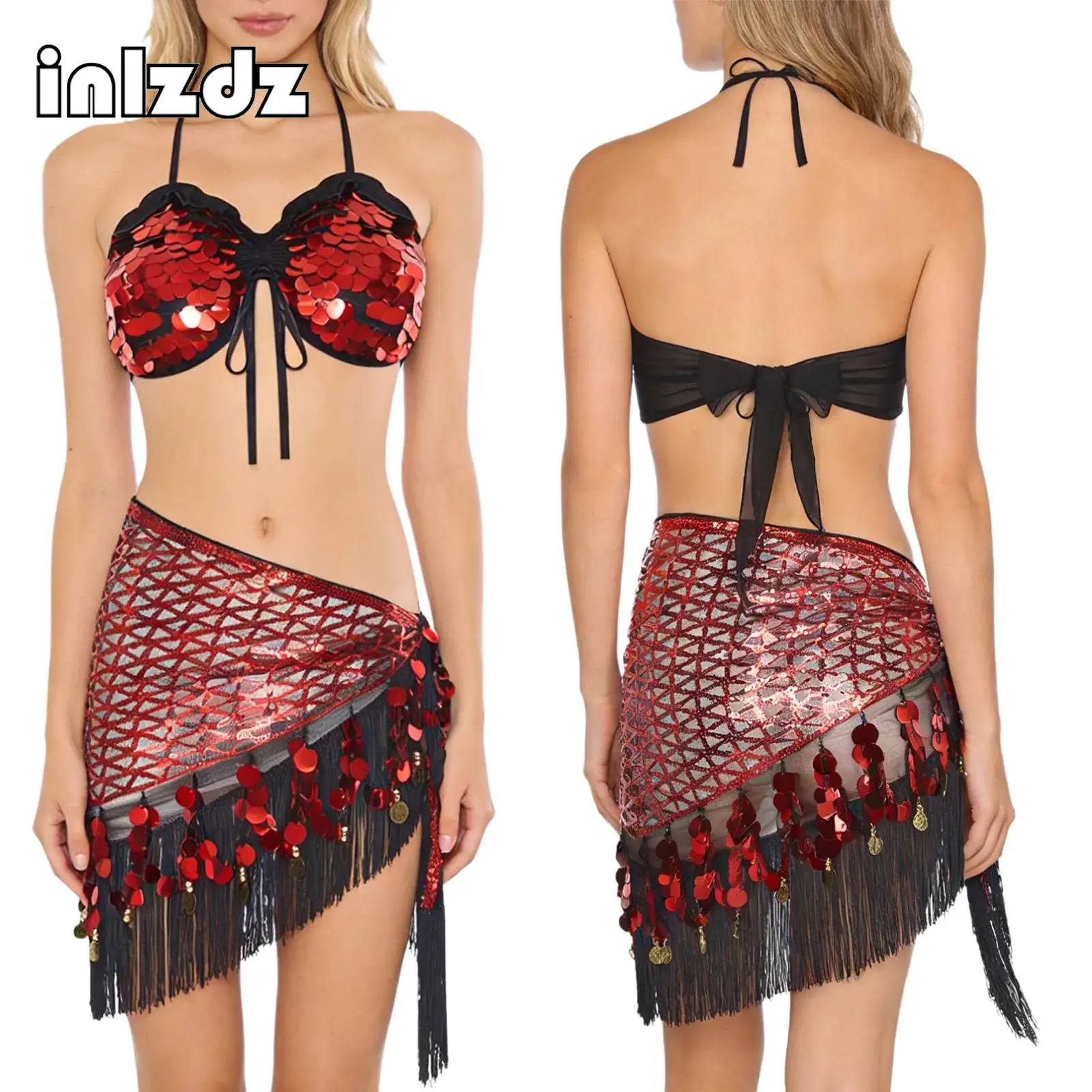 

Adult Sequin Belly Dance Outfits Women Halter Lace-up Crop Top And Sequin Tassel Triangle Hip Scarf for Dancing Class And Stage