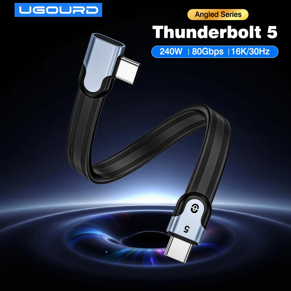 UGOURD Thunderbolt 5 L-shaped Elbow Flat Cable 80Gbps USB4-V2 Type C Cable 240W 16K Right Angle USB-C Data Cord 90 Degree Angle