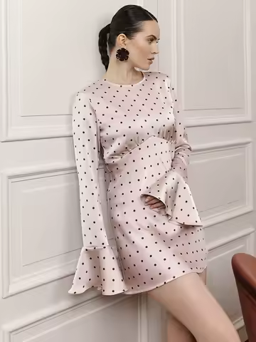 Articat Fashion Satin Polka Dot Flared Long Sleeve Mini Dress For Women Elegant Round Neck Slim Party Evening Dress 2026 Summer