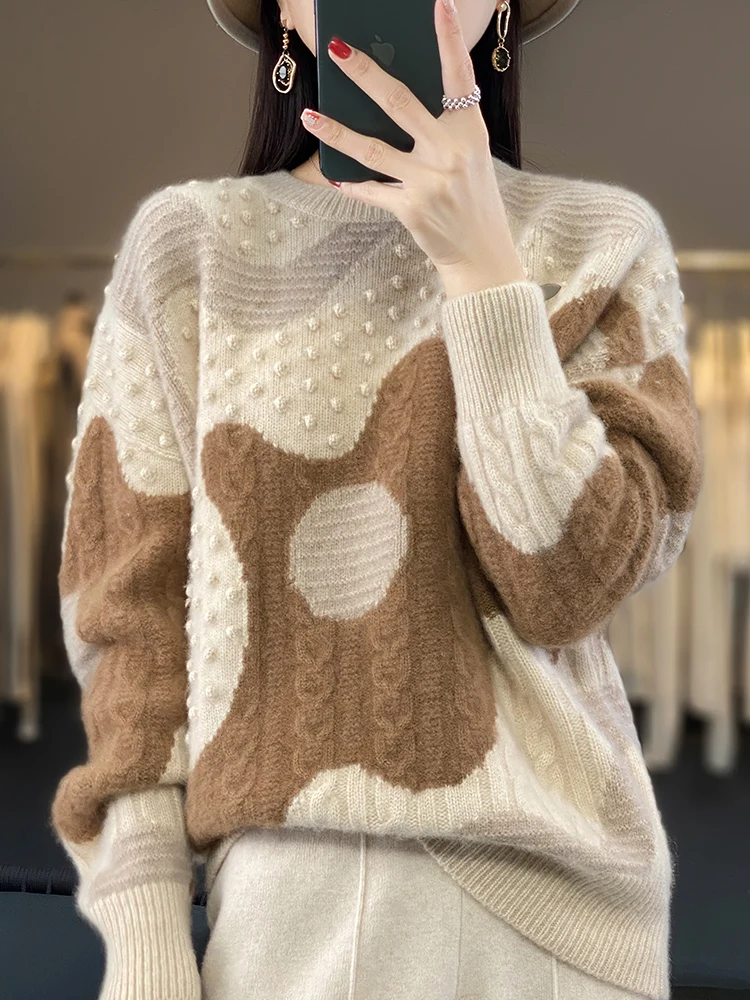 New Chic Women Winter Sweater Thick Vintage Pullover 100% Merino Wool O-neck Twist Flower Cashmere Knitwear Korean Fashion Tops