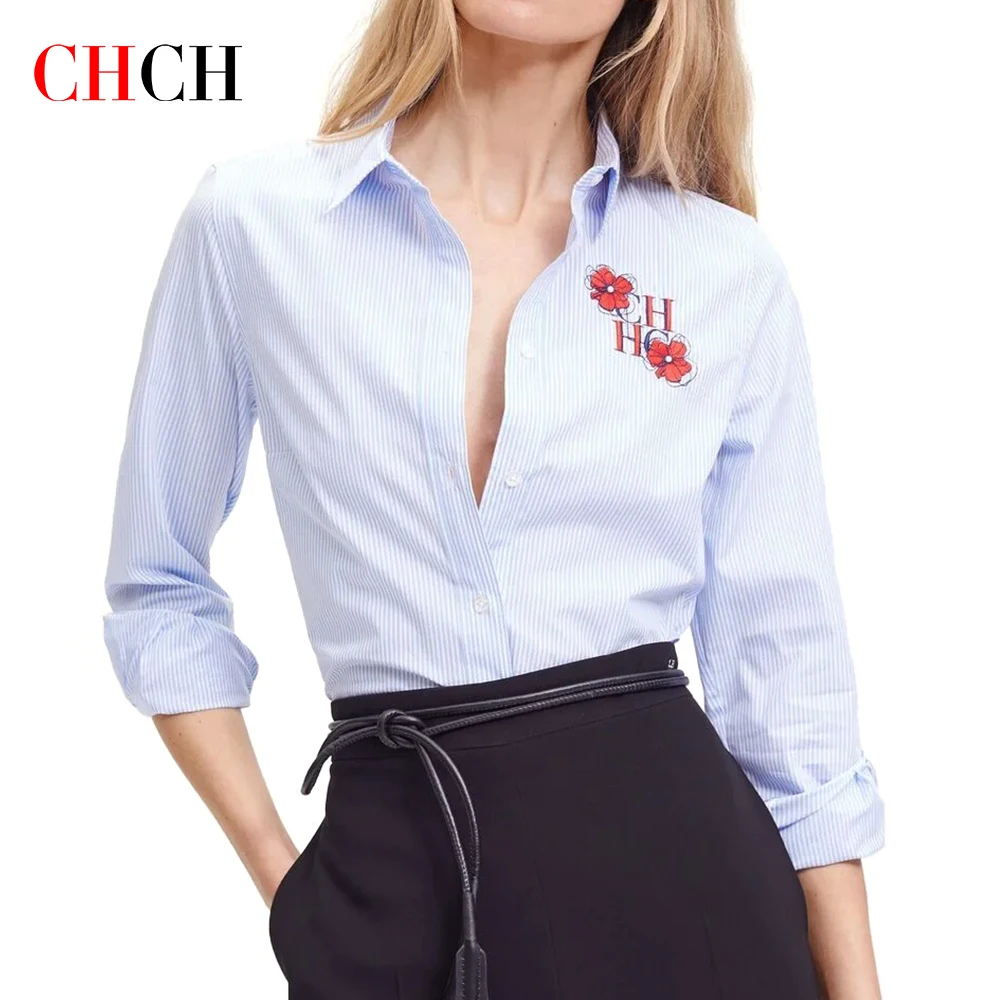 CHCH Fashion Minimalist Design Women\'s New Shirt Stripe Slim Fit Business Commuter Office Women\'s Long Sleeve Shirt