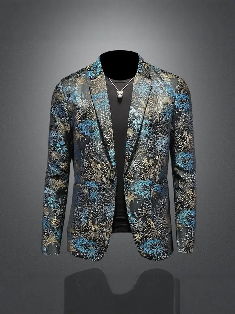 

Мужской приталенный пиджак с цветочной вышивкой, повседневный, весенне-осенний, модный, цельный, верхняя одежда в китайском стиле, с длинным рукавом