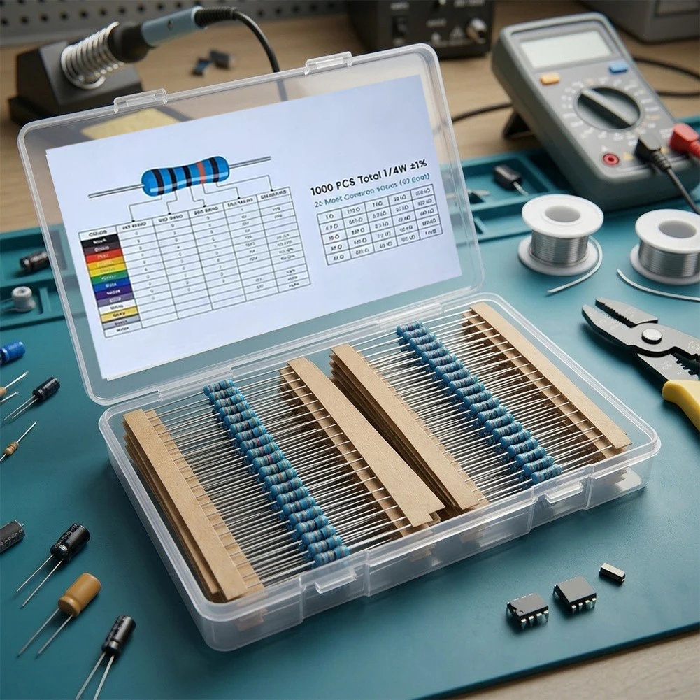 1000pcs 1/4W Metal Film Resistor Kit 25 Values 1ohm To 1Mohm Plus Minus Percent Tolerance Assortment Box For DIY Electronics Cir