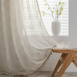 Beige Curtains for Living Room Kitchen Short Crochet Tulle American Country Drapes Hollow Out Balcony Bedroom Bay Window Decor