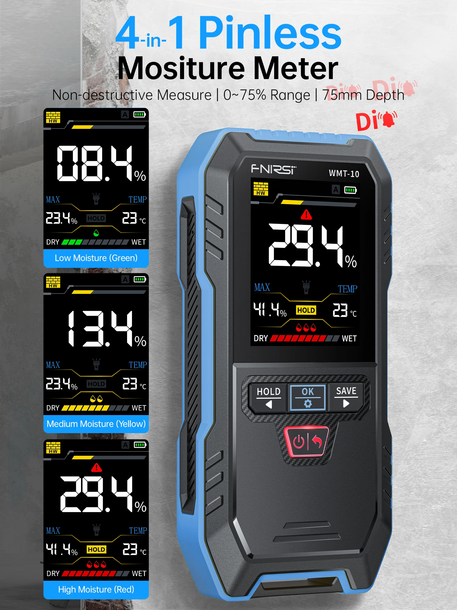 FNIRSI WMT-10 Inductive Wood Moisture Meter Hygrometer Non-contact Timber Damp Wall Detector Non-destructive Humidity Tester