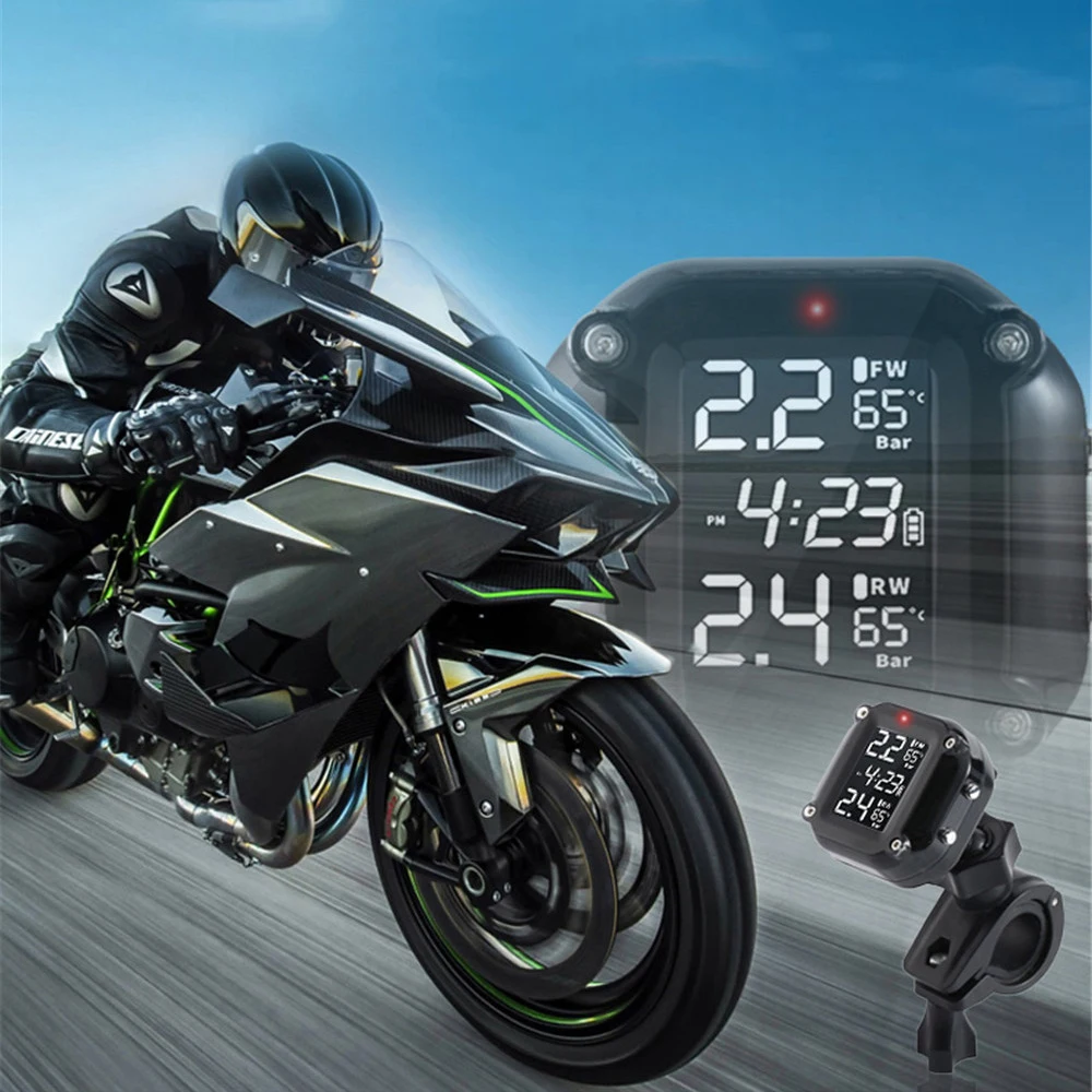 Wireless Motorcycle TPMS Tire Pressure Monitoring System Digital LCD With 2 External Sensors Tyre Temperature Alarm Sensor