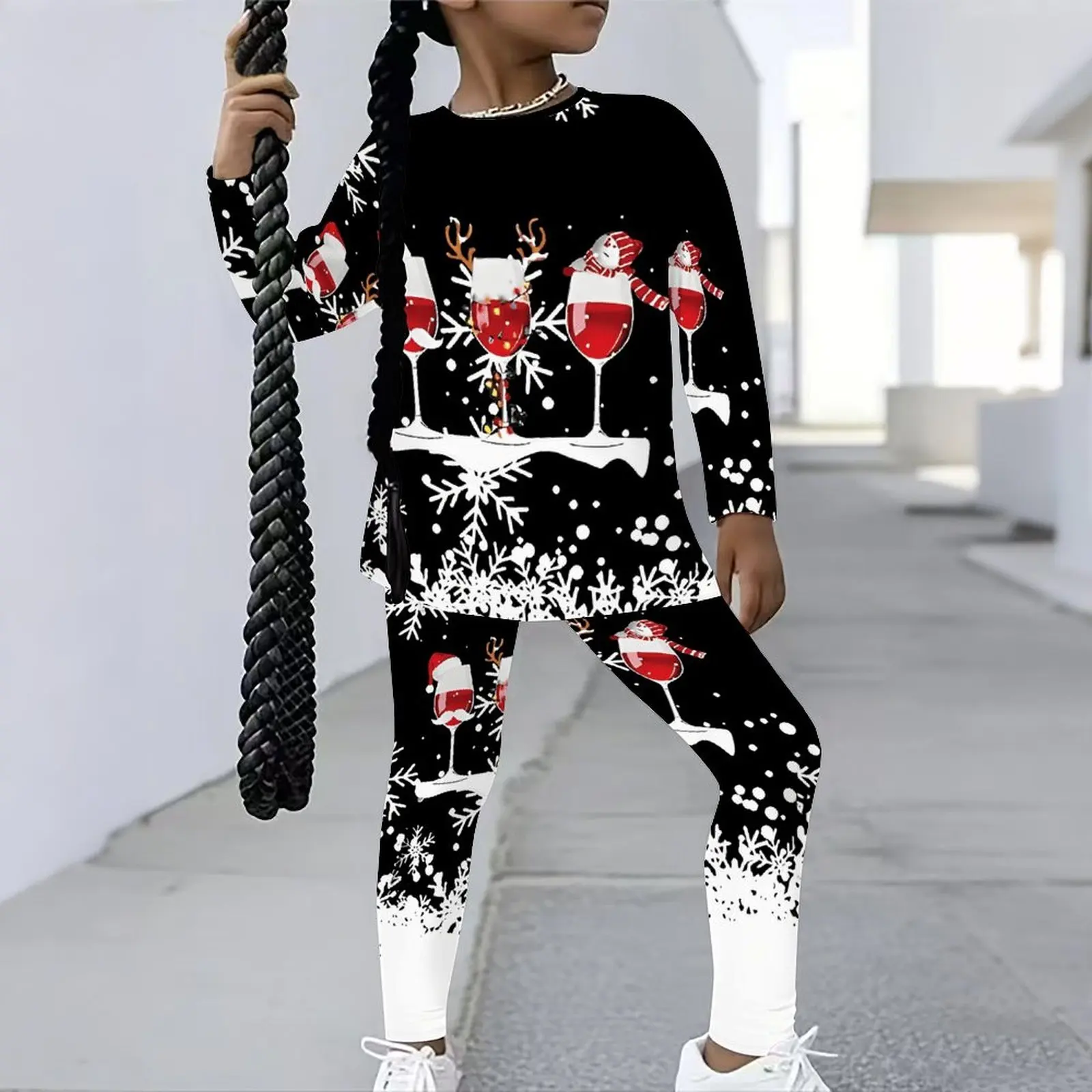 Winter Christmas Jogging Pants Girls Print Long Sleeve Round Neck Top Cute Two-Piece Daily Casual T-shirt Autumn Leggings