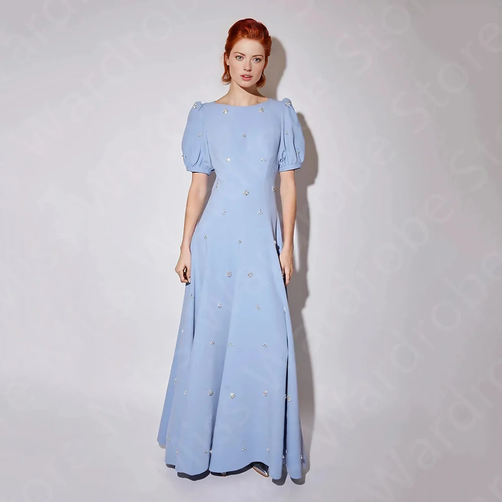 

Customized New Lovely Pale Blue Prom Dresses 2024 Wedding Party Dresses Puff Sleeves Beaded Round Neck Evening Gown Cut Out Back