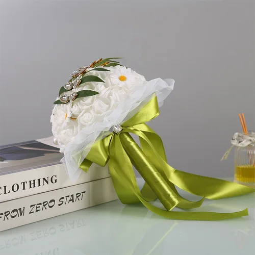 장미 신부 부케, 핸드헬드 가짜 장미 부케, 리본, 약혼 및 결혼식 장식, 크리스마스, 할로윈 