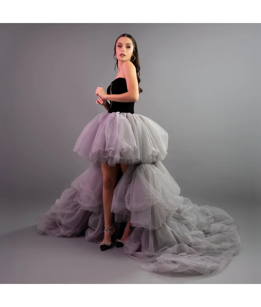 

Customized Sexy Tulle A-Line Tiered Evening Dress Temperament Strapless Sleeveless Floor Length prom dresses Custom Size