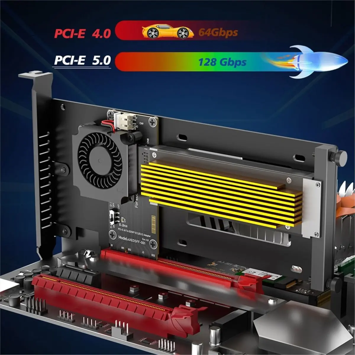 NEW FACTORY~PCIe 5.0 X4 to E1.S/E3.S (EDSFF Gen-Z) SSD Adapter Card with Cooling Fan