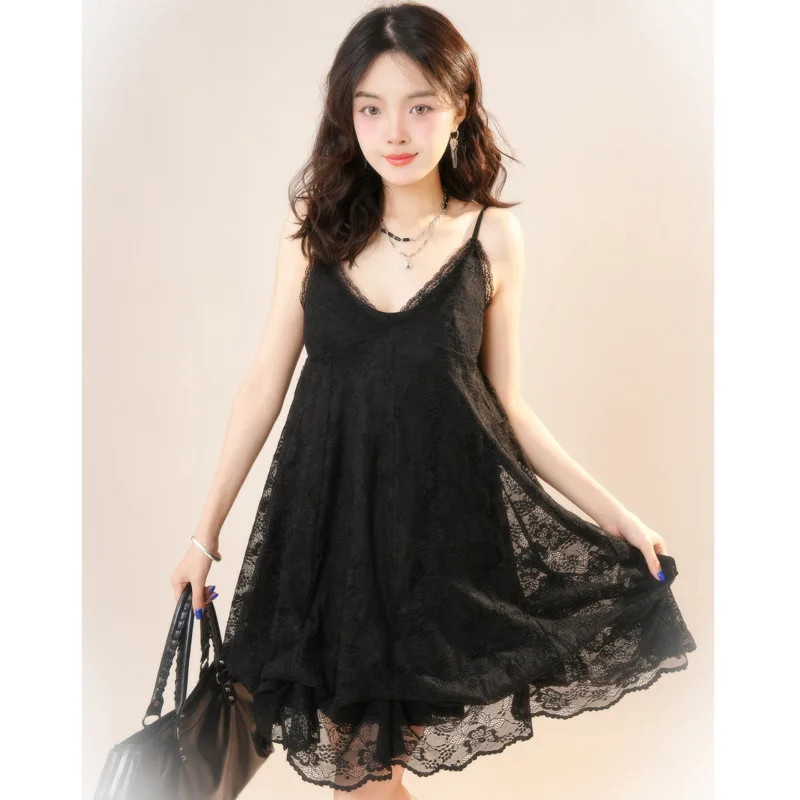 Sleeveless Lolita Vintage Mini Dress Lace Black Gothic Party Dress Pleated Japanese Y2k Dress V-neck Camisole Summer Dress Girls