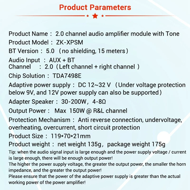 บอร์ดเครื่องขยายเสียงปรับเสียงแหลมและเบสบลูทูธ150Wx2 ZK-XPSM TDA7498E แอมป์เสียงพลังสูง