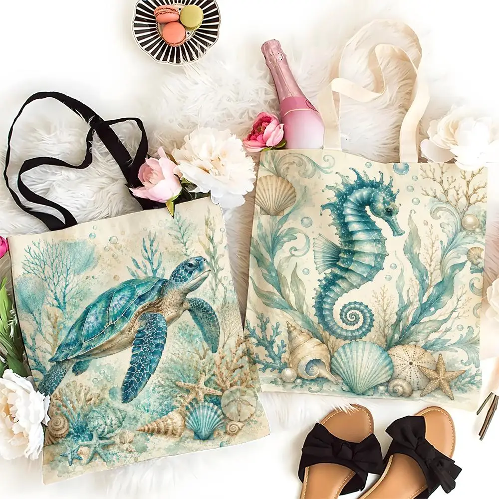 Retro marine creatures Storage Bags Canvas Beach Bag Large Capacity Durable Shoulder Handbag Daily Shopping Travel Bag