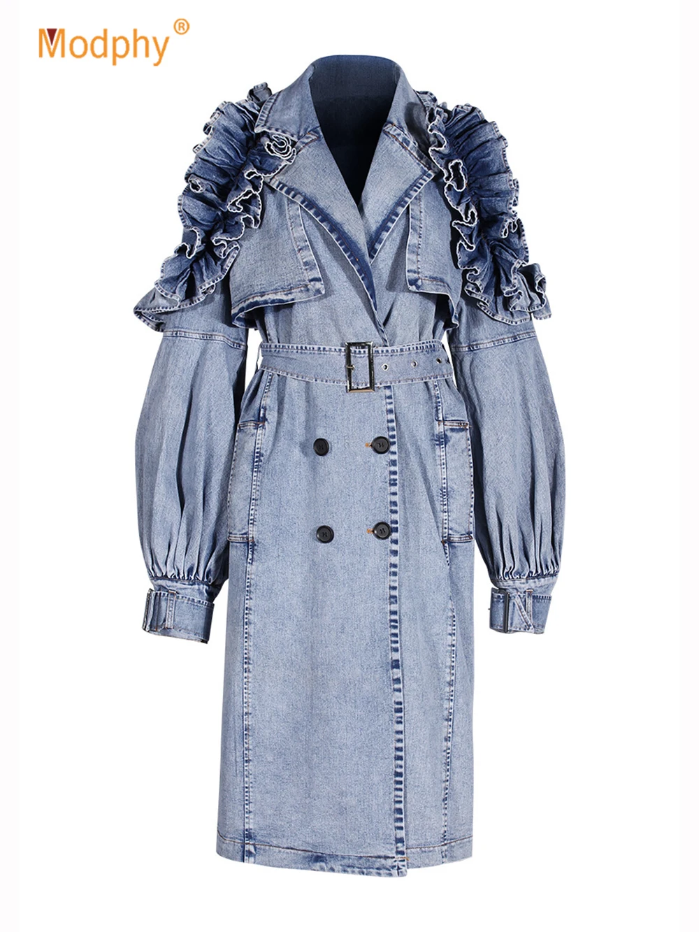 

Modphy Autumn Oversized Blue Long Denim Trench Coat for Women Double Breasted Ruffle Loose Casual Fashion Overcoat 2025