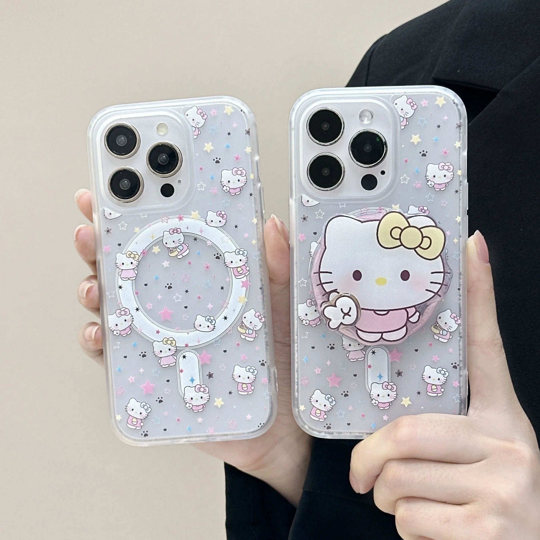 

Cute Cartoon Color Star Hello Kitty Cat Magsafe Wireless Charge Case For iPhone 13 14 15 16 Pro Max Hello Kitty Magnetic Holder