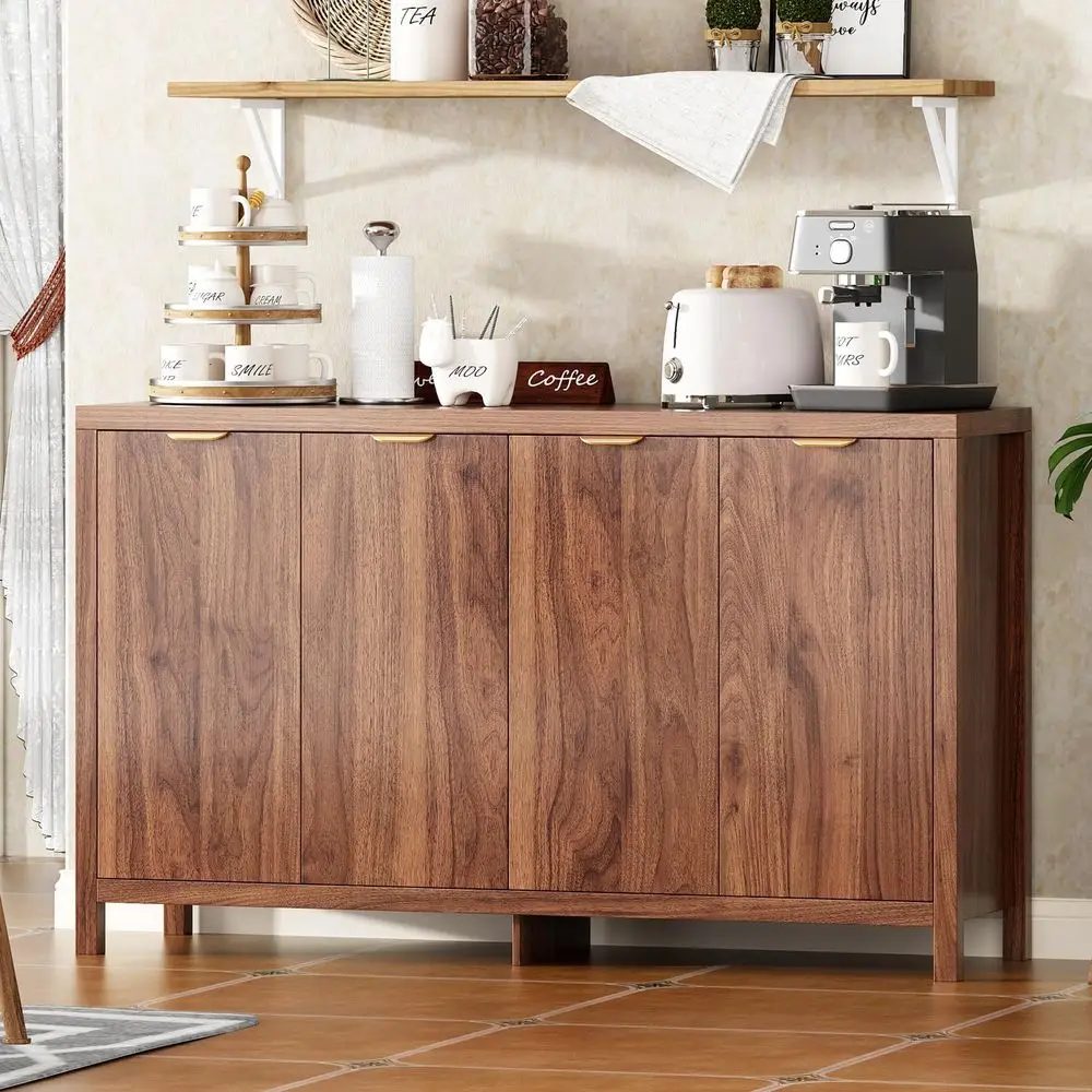 

55-Inch Tall Walnut Buffet Sideboard with Ample Storage and 4-Door Kitchen Cabinet Featuring Modern Coffee Bar and Gold Hardware