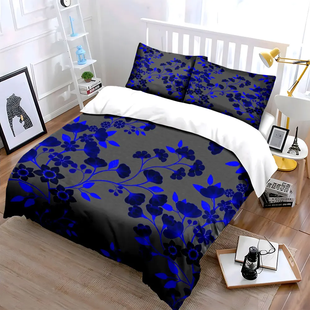 Cobalt Blue Twig Floral Duvet Cover Set, Gray Chinese Porcelain Style Bedding Includes 1 Duvet Cover And 2 Pillowcase, Gift
