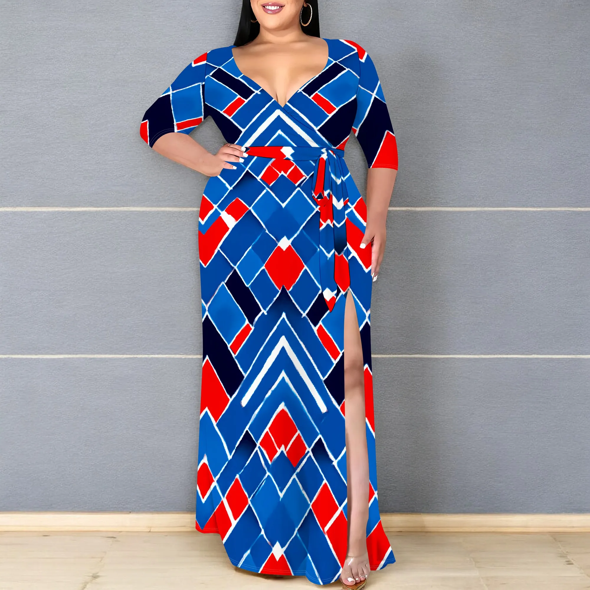 

Red White Blue Geometric Print Plus Size Dress XL‑6XL V‑Neck Wrap Style with Slit for 4th of July, Summer Party or Street Look