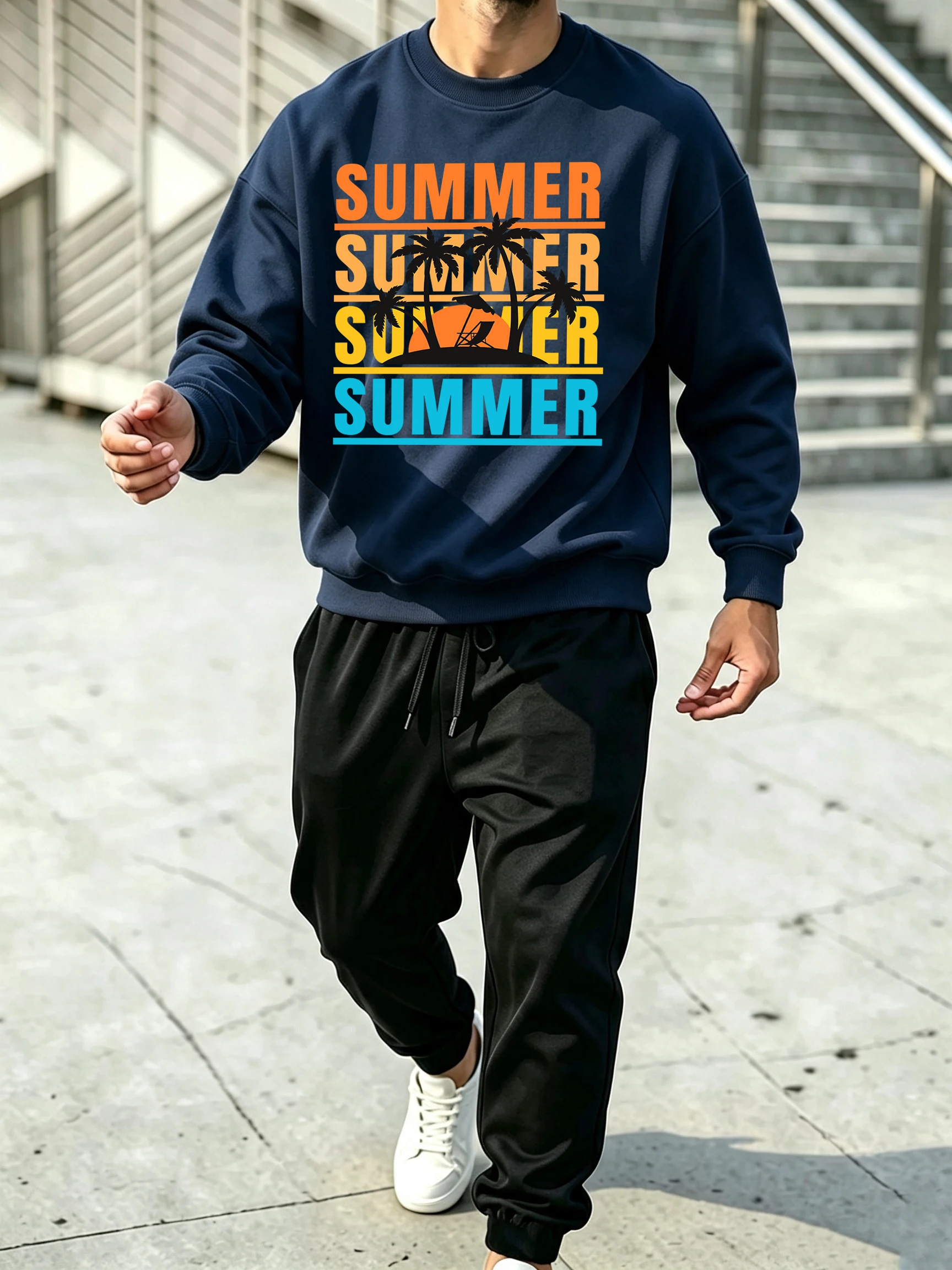 Summer Beach Coconut Trees Prints Autumn Fleece Sweatshirts Pants 2 Piece Set Men Loose Jogger Hoodies Basics All-Match Britches