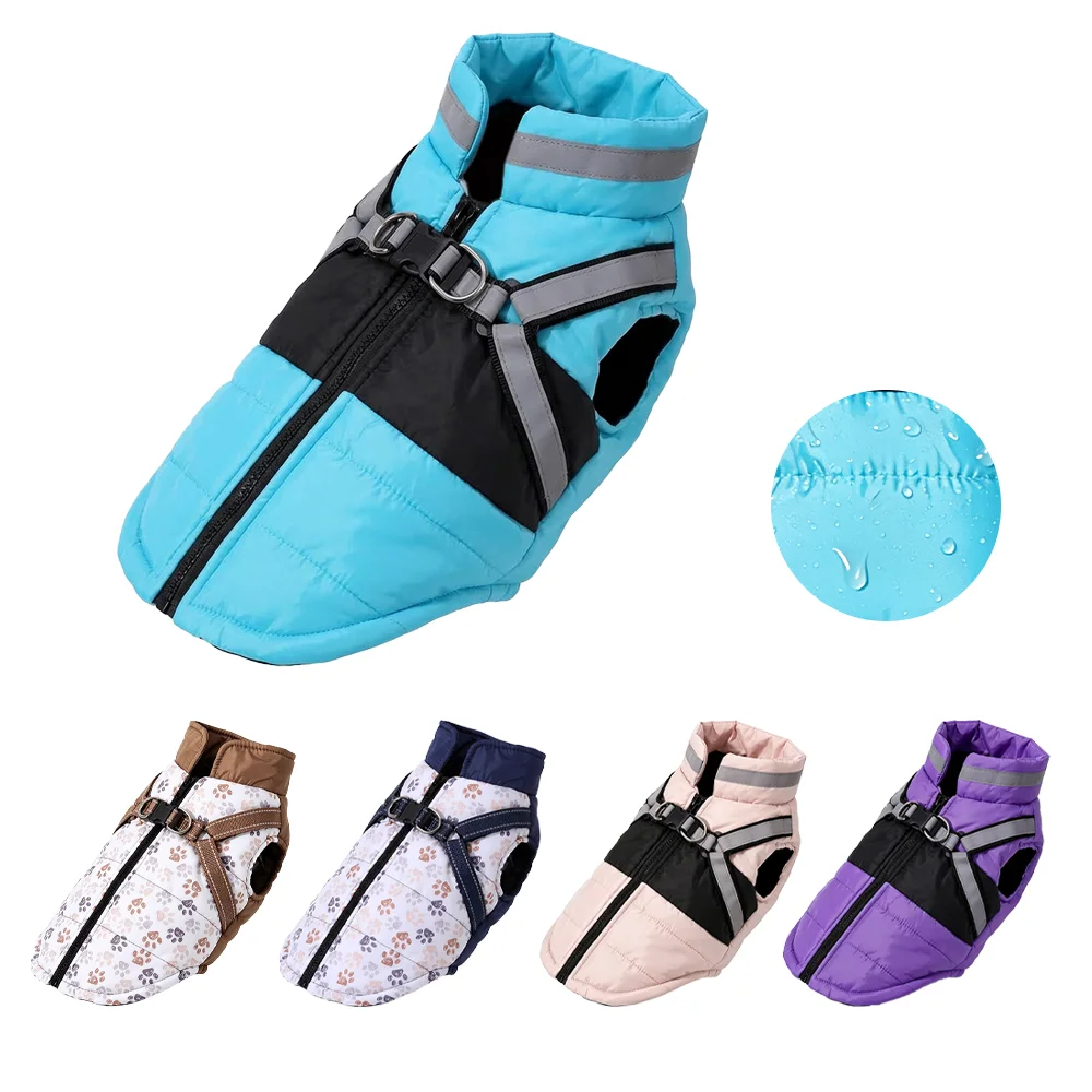 Hundemantel mit Geschirr, warme Winterkleidung für kleine und mittelgroße Hunde, wasserdichter Welpenmantel, Outfits für Chihuahua und Französische Bulldogge