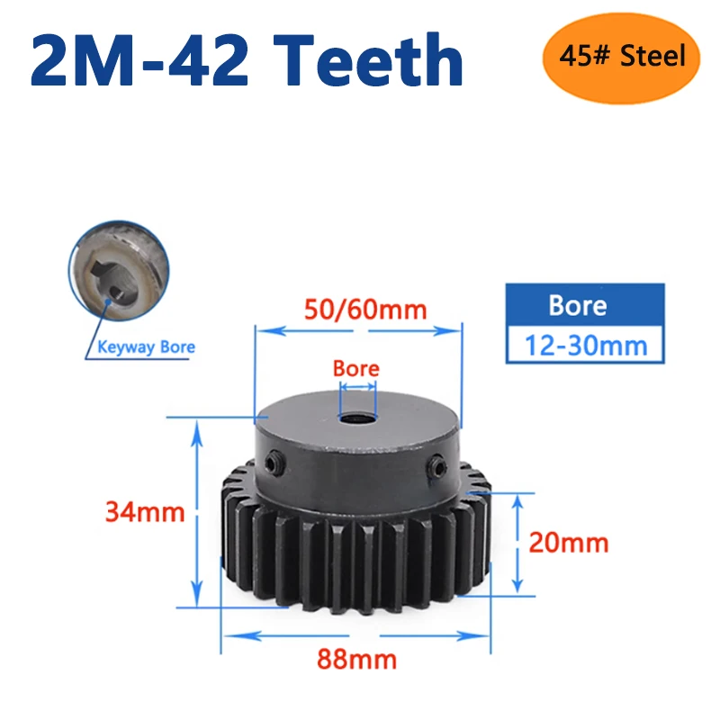 

1pc 42 Teeth 2M Spur Gear with Step 2 Module 42T 45# Steel Transmission Drive Gear Bore 12 19 20 22 25 28 30mm High Frequency