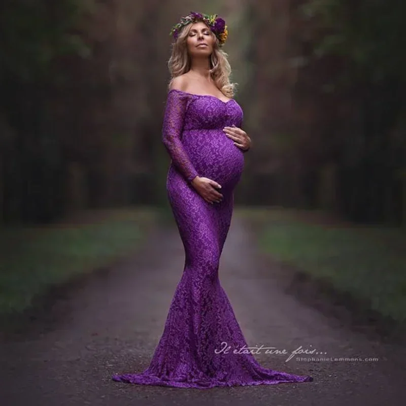 

Maternity Dresses for Photo Shoot Collar Long-sleeved Lace Dress Stitching Mesh Photography Props Baby Shower Clothes
