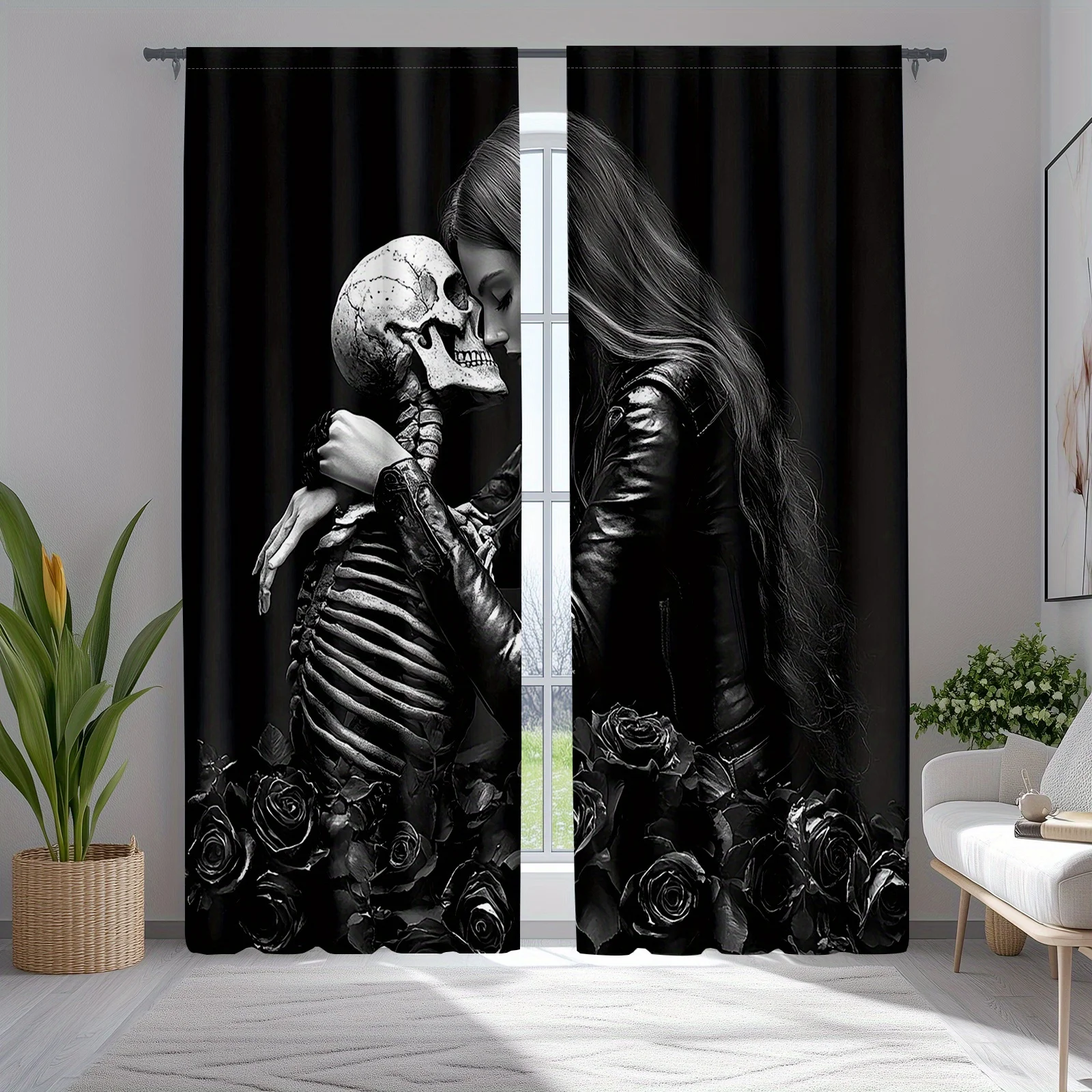 Skeleton and Woman Curtains Gothic Romance Art Window Drapes Black Roses Design Home Decor Dark Love Theme Living Room