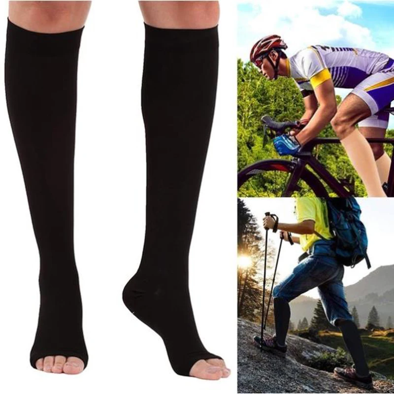 1 Pair Thigh-high Socks Open-toed Long Stockings Below Knee Hosiery Elastic Varicose Vein Circulation Compression Slimming Sock