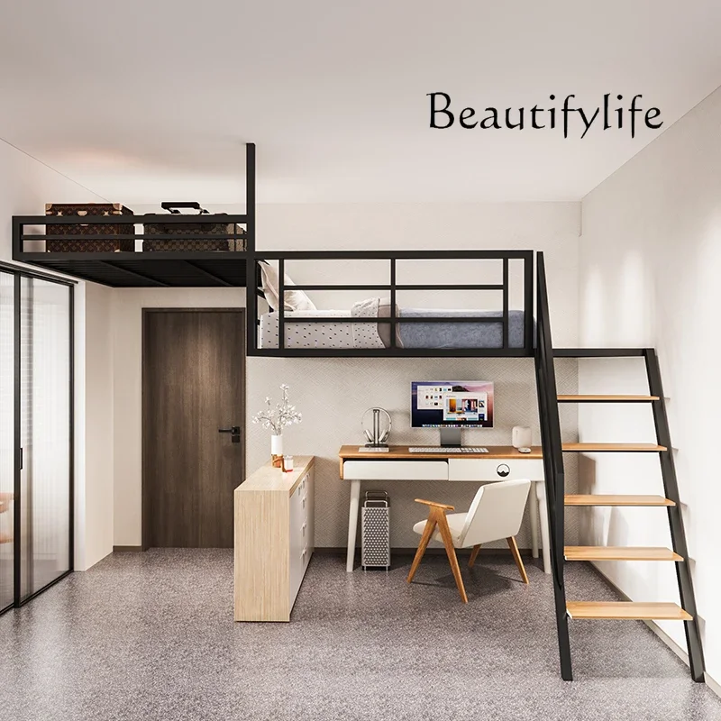 L Wrought Iron Loft Bed Store Compartment Apartment Duplex Two-story Elevated Bed Custom Storage Shelf Wall-mounted Hammock