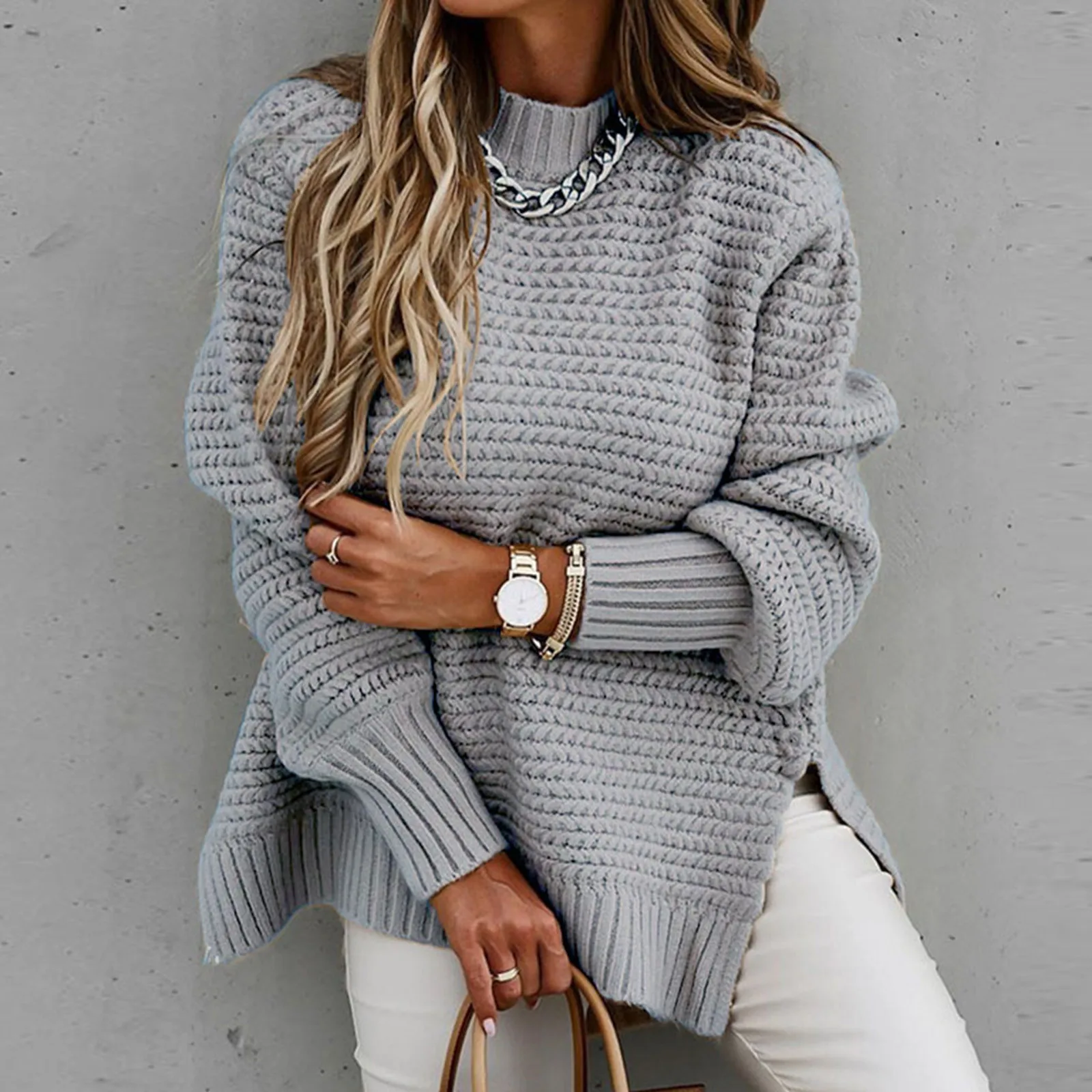 

Plus Size Women's Sweater Half Turtleneck Loose Solid Color Long-Sleeve Thickened Sweater Fall Winter Fleece Lined Warm Sueter