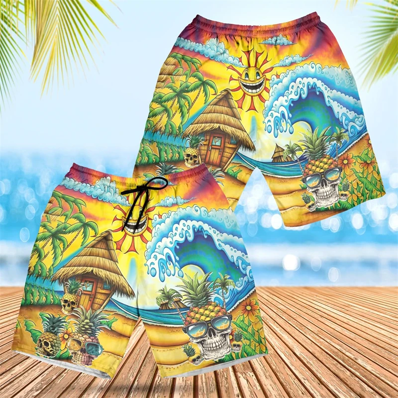 Pantalones cortos con estampado de calavera y sonrisa divertida para hombre, ropa hawaiana, Hip Hop, esqueleto, pantalones cortos de playa, Aloha,