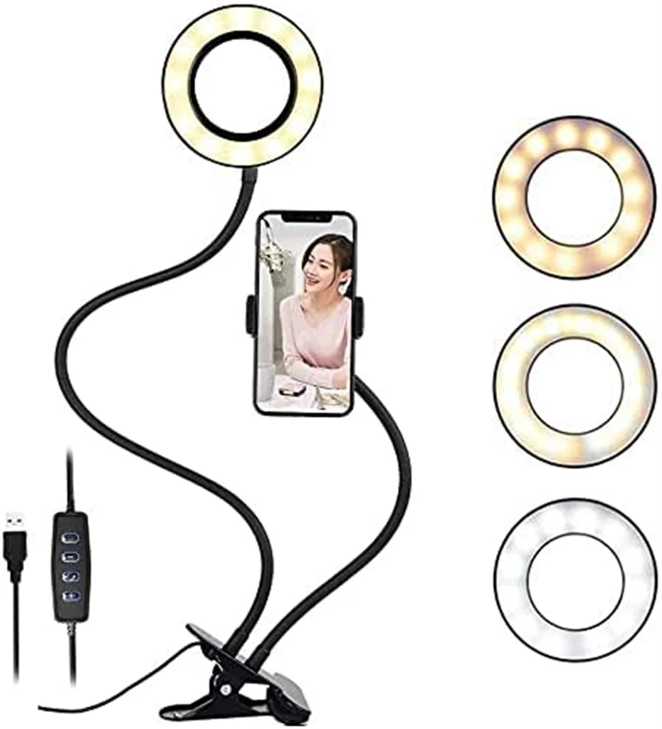 Dual Selfie Ring Light with Flexible Mobile Phone Holder Dimmable LED Ringlight for Live Streaming Video Conference Makeup light