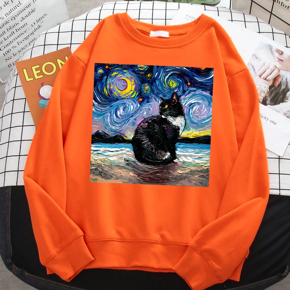 Winter Simple Women\'S Sweatshirt Cat Starry Sky Universe Print Hoodie Comfortable Fleece Pullovers Loose Warm Female Sportswears