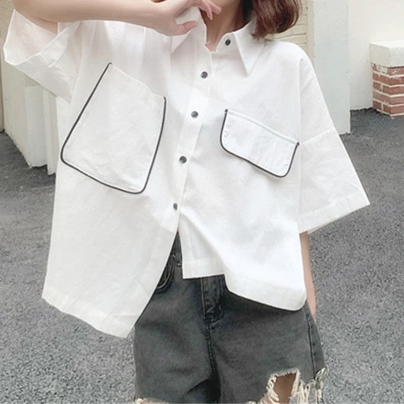 Large size white shirt, women's summer short sleeved shirt, irregular loose top  blouses for women fashion 2024