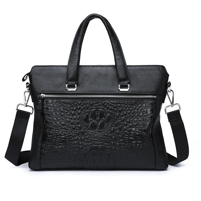 Luxury cowhide crocodile pattern briefcase business bags fashion genuine leather men's laptop hand male shoulder