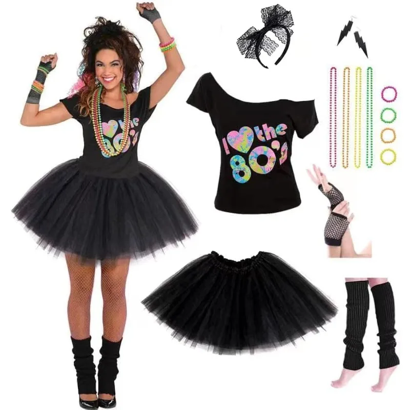 Disfraces de los años 80 para mujer con conjunto de accesorios: falda tutú, pendientes, collar, pulseras, guantes de rejilla, calentadores de piernas, diadema, para fiesta de los años 80